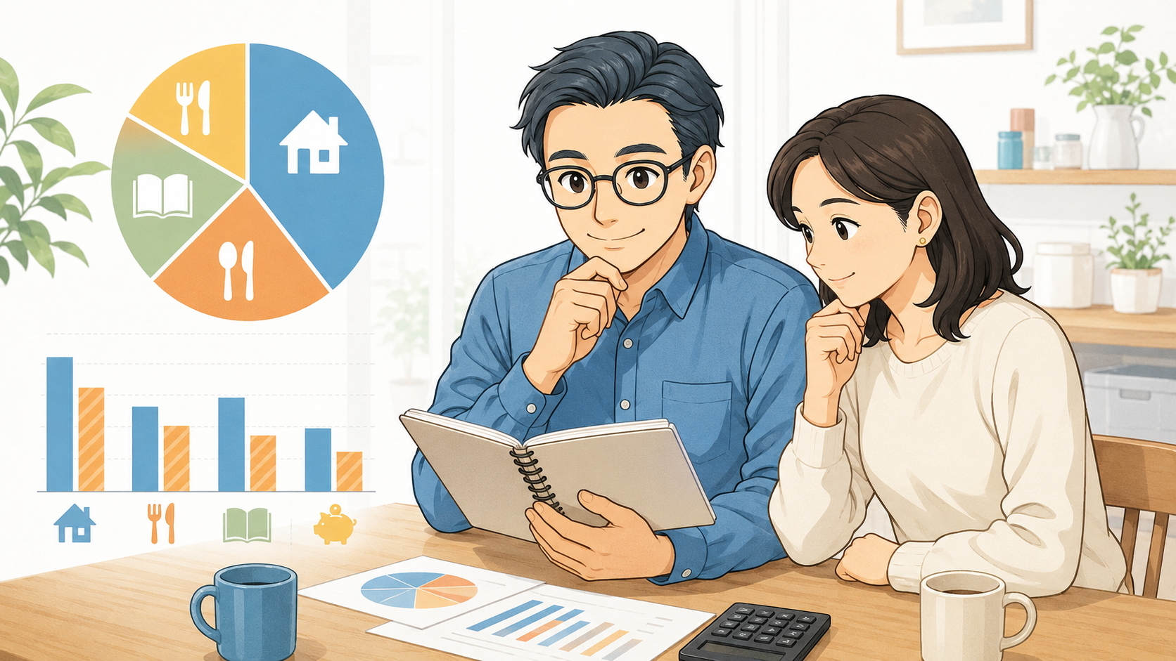支出割合のグラフを見ながら家計を確認する40代夫婦