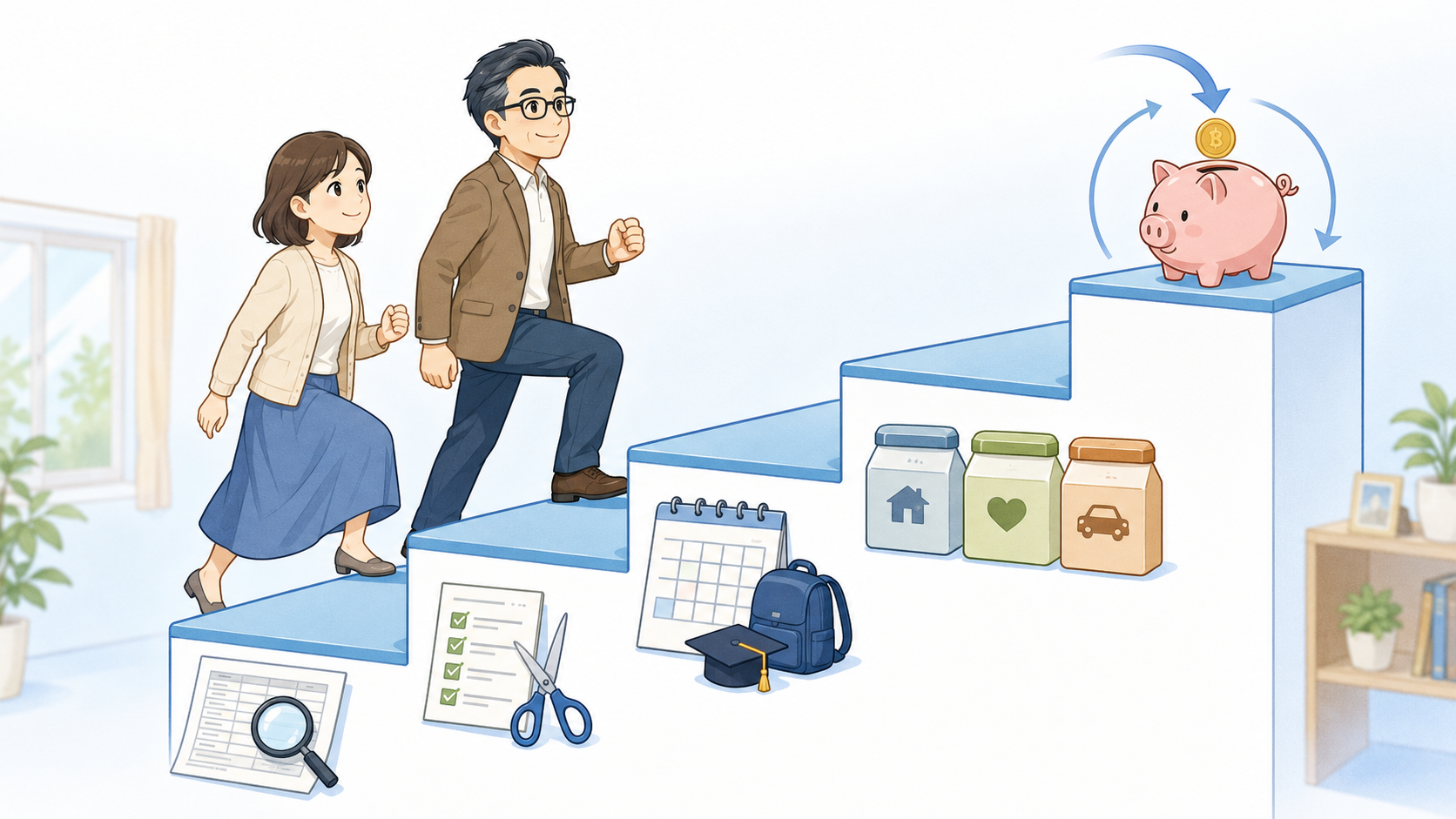 家計の見直しを段階的に進める夫婦と貯蓄のイメージ