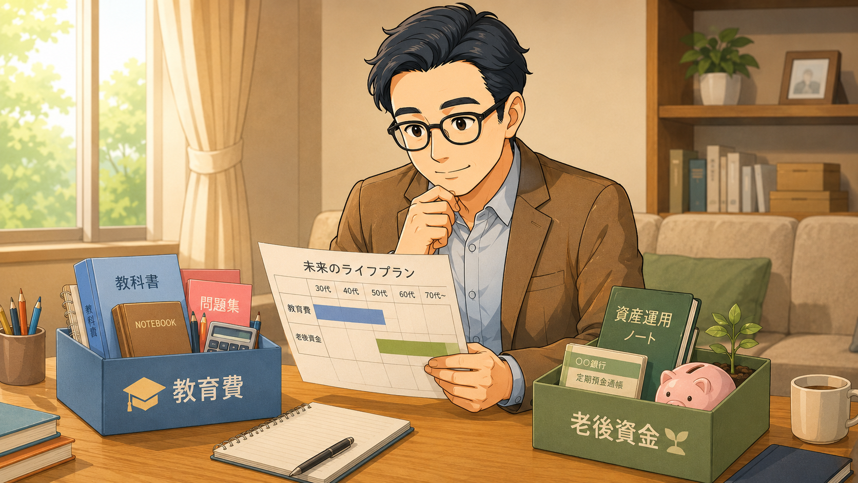 教育費と老後資金を分けて未来のライフプランを確認する40代会社員の挿し絵