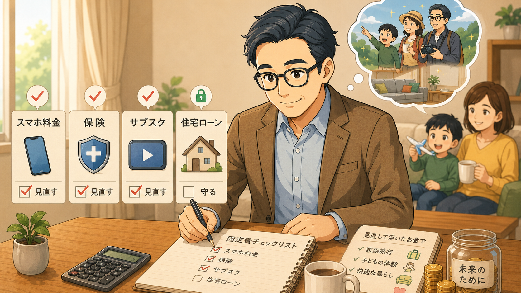 スマホ料金・保険・サブスク・住宅ローンの固定費をチェックする40代会社員の挿し絵