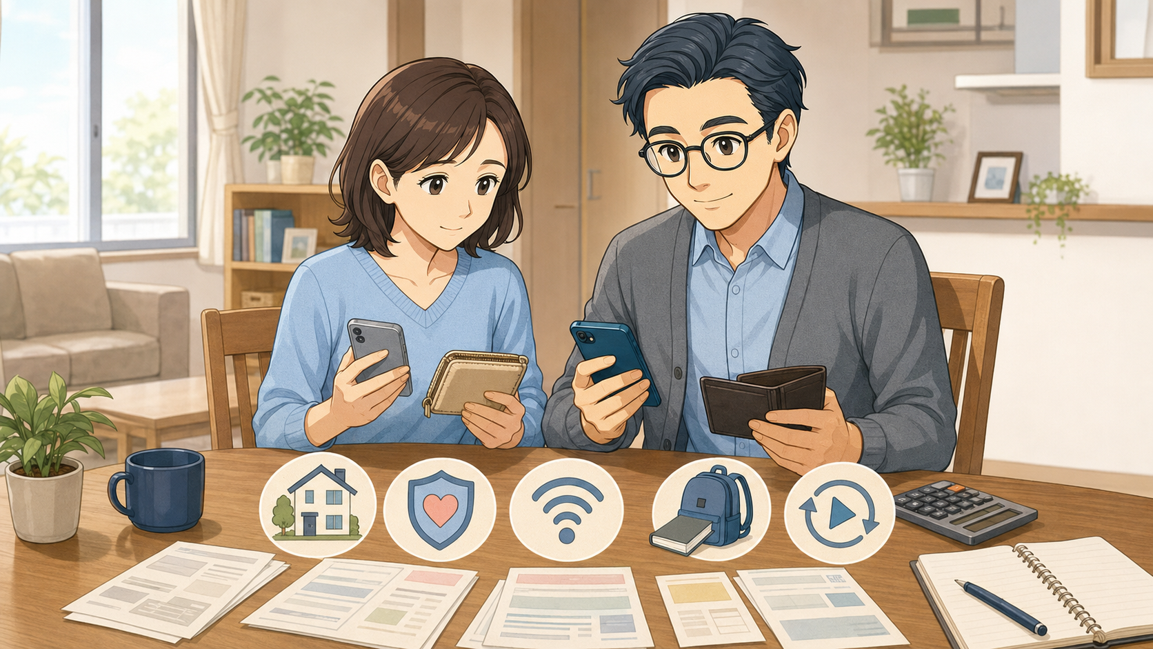スマートフォンと家計の支出を確認する共働き夫婦