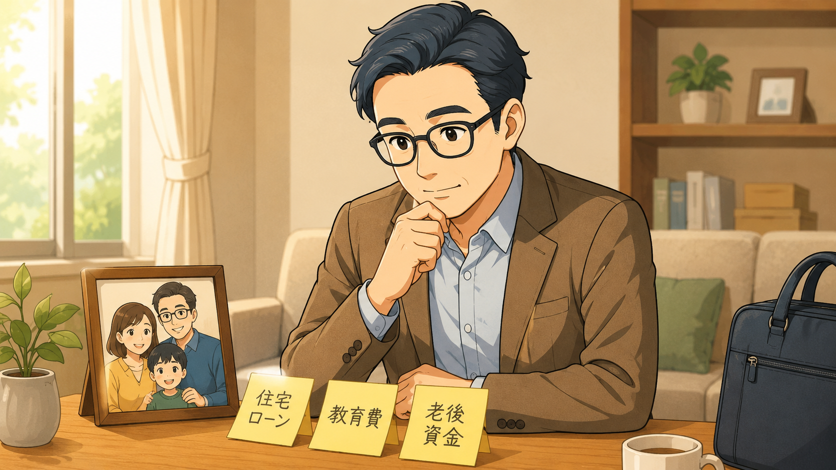 40代会社員が住宅ローン・教育費・老後資金を並べて家計整理の優先順位を考える挿し絵