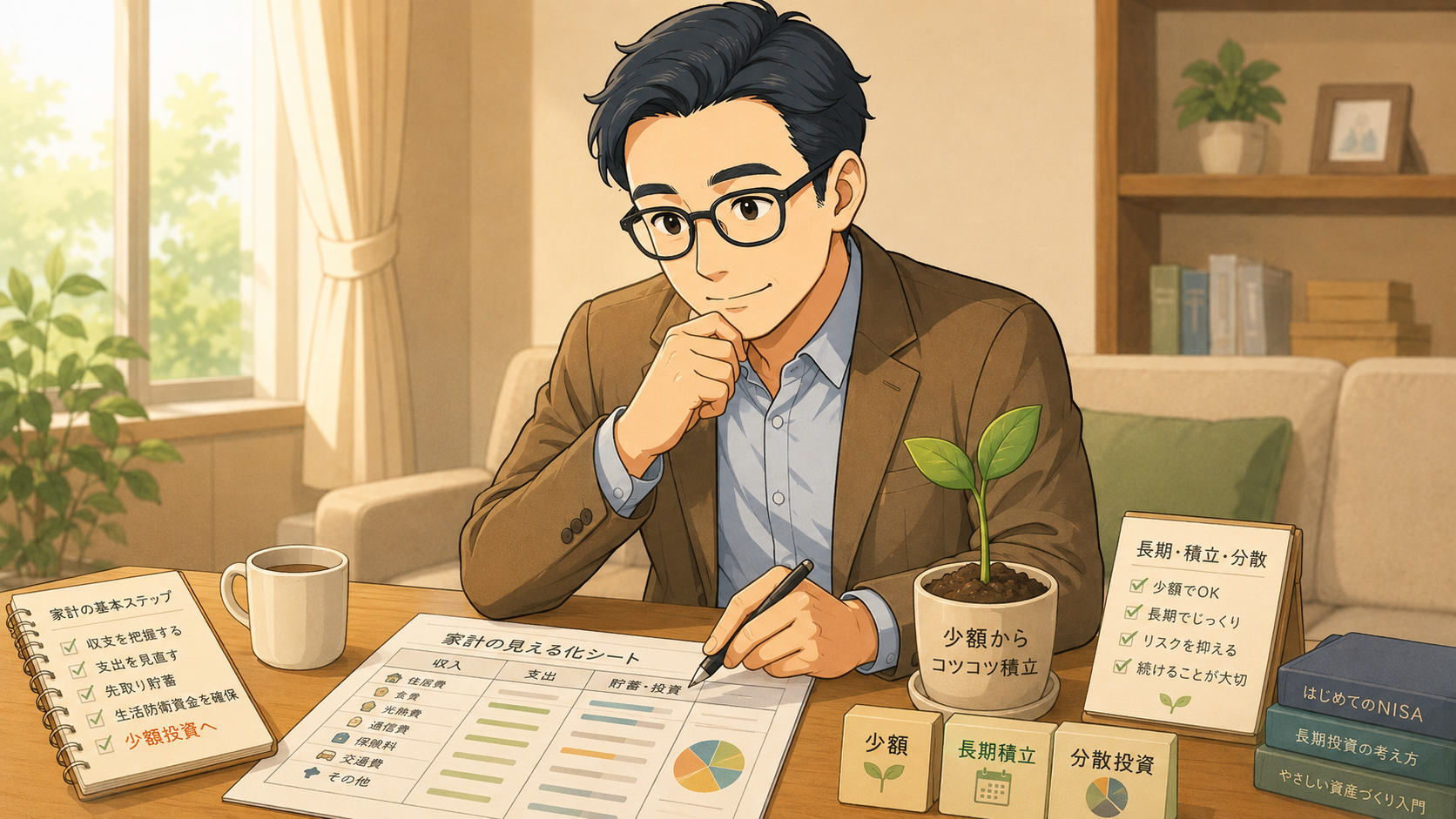 家計整理後に少額・長期積立・分散投資を確認する40代会社員の挿し絵