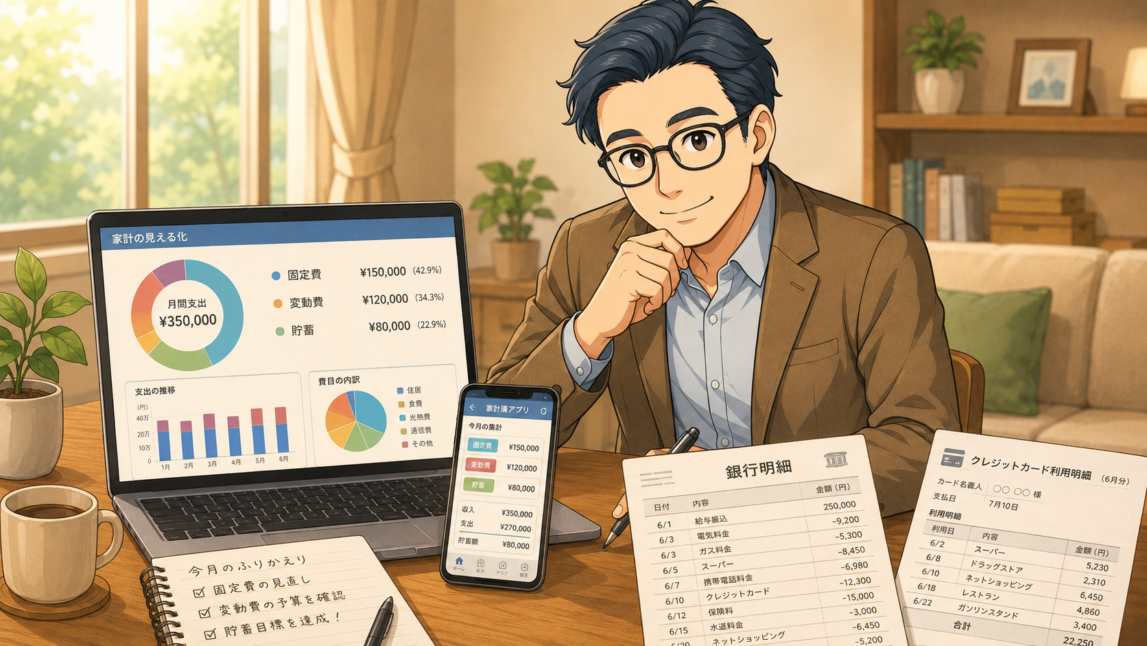 家計簿アプリ・銀行明細・支出グラフで家計を見える化する40代会社員の挿し絵