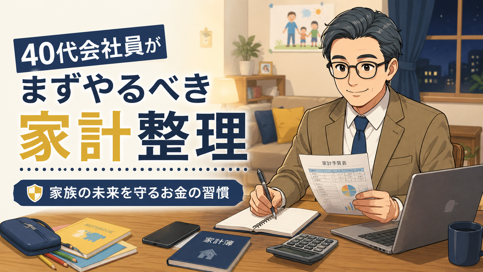 40代会社員が家計予算表を見ながら固定費・教育費・老後資金を整理するアイキャッチ画像