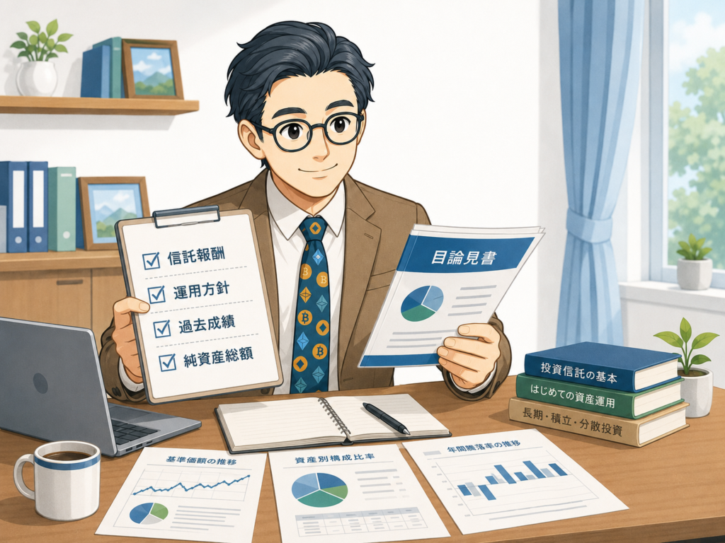 アクティブファンドを選ぶときに信託報酬や運用方針や過去成績を確認する挿絵