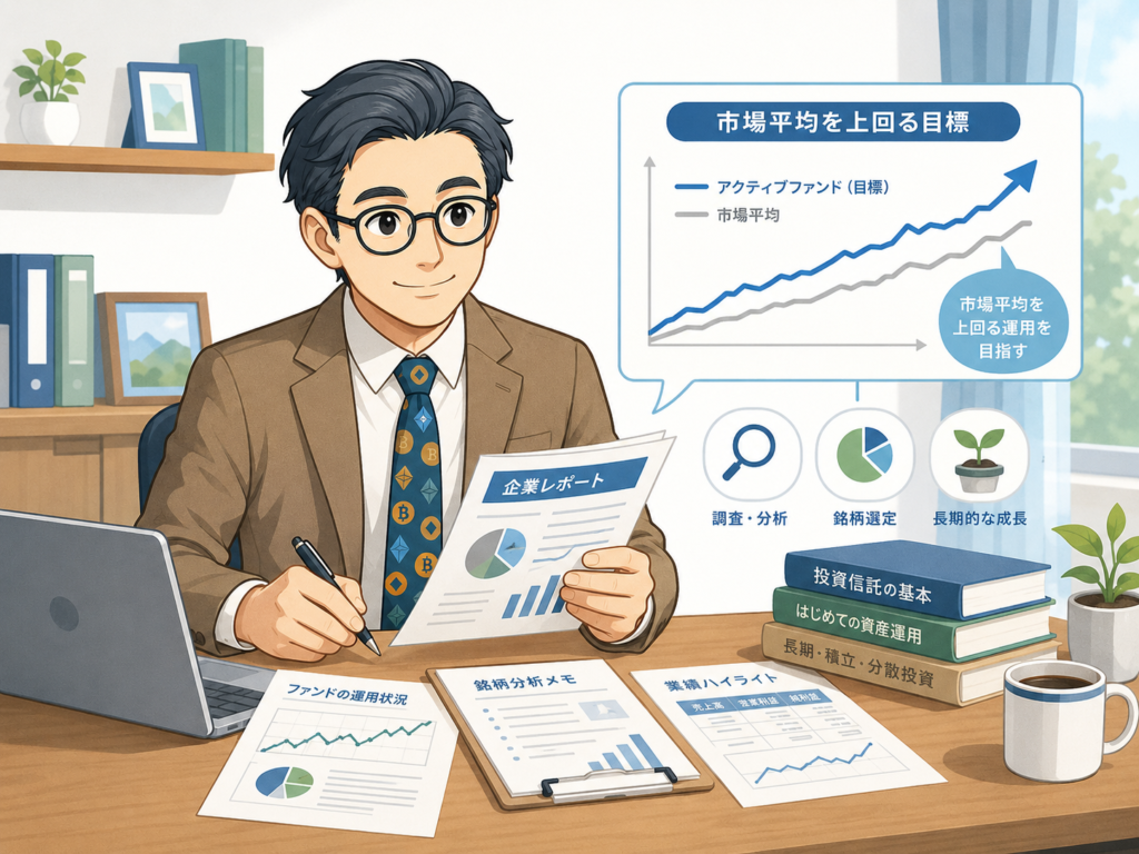 アクティブファンドが市場平均を上回る運用を目指す仕組みを初心者向けに示した挿絵