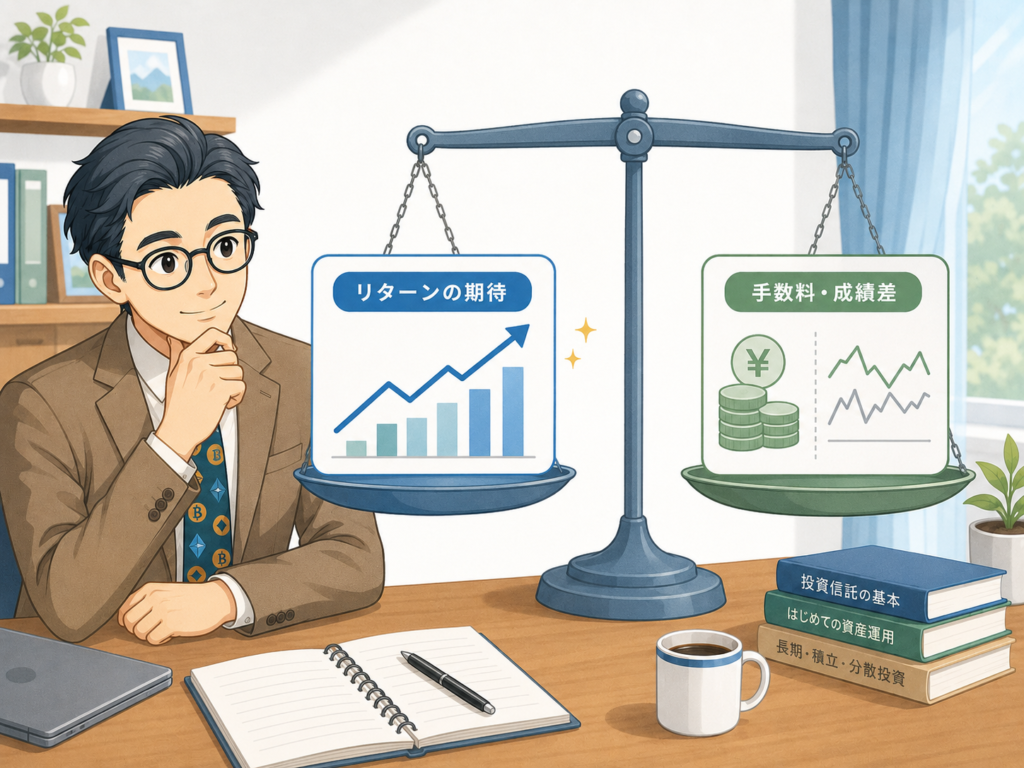 アクティブファンドのリターン期待と手数料や成績差を天秤で比較する挿絵