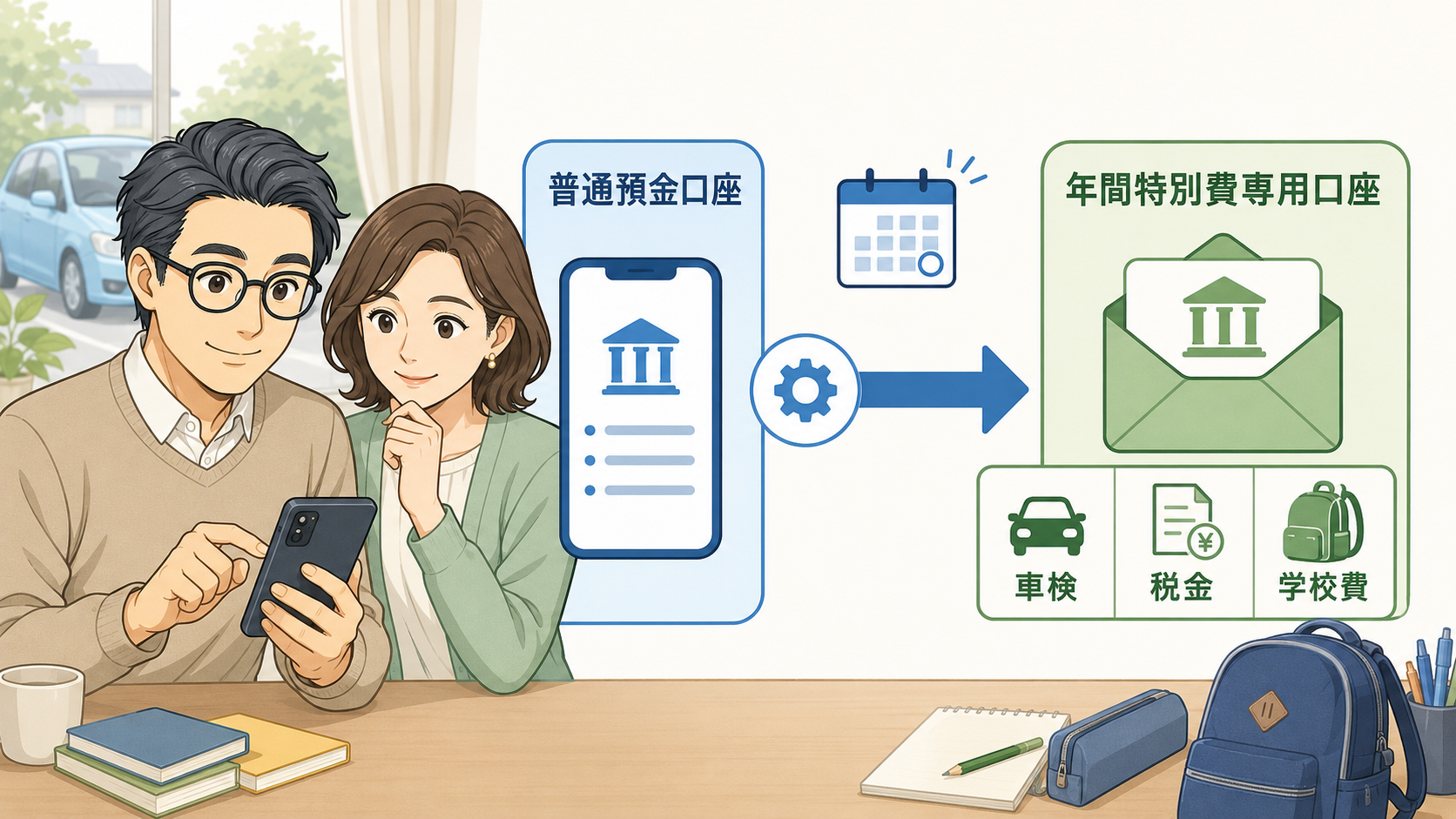 生活費口座から年間特別費専用口座へ移し、車検、税金、学校費を管理するイメージ
