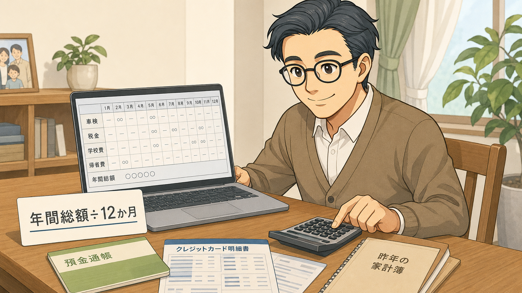 前年の家計簿と明細を見ながら、年間総額を12か月で割って積立額を計算する様子