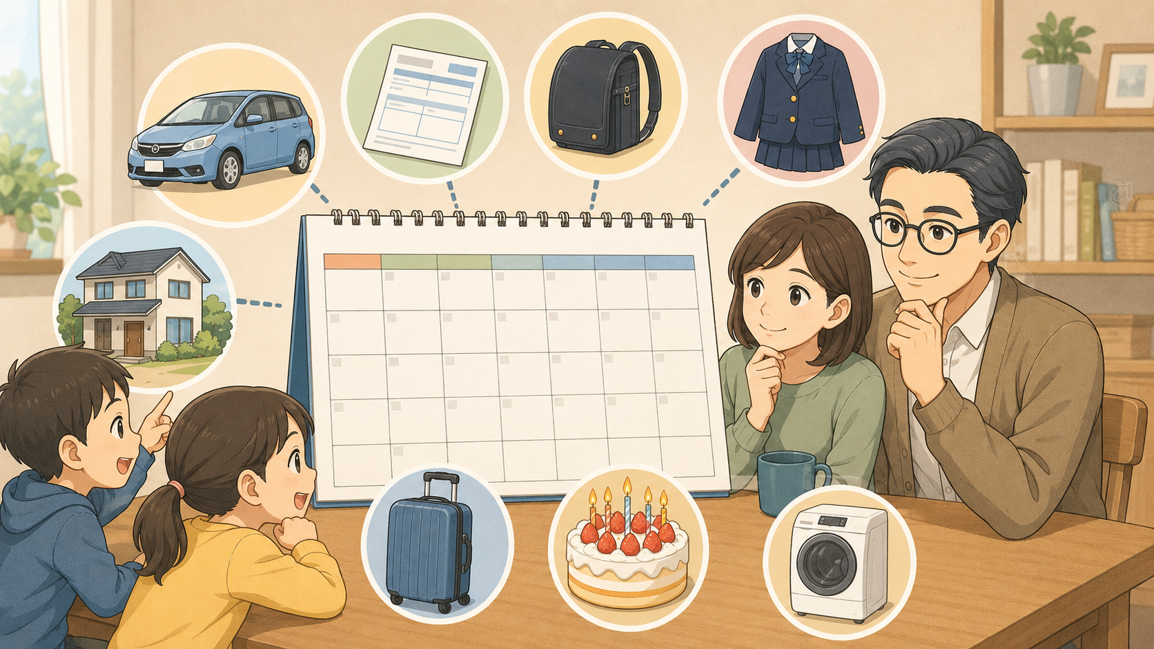 車検、税金、学校費、家電、旅行などを年間カレンダーへ書き出す家族