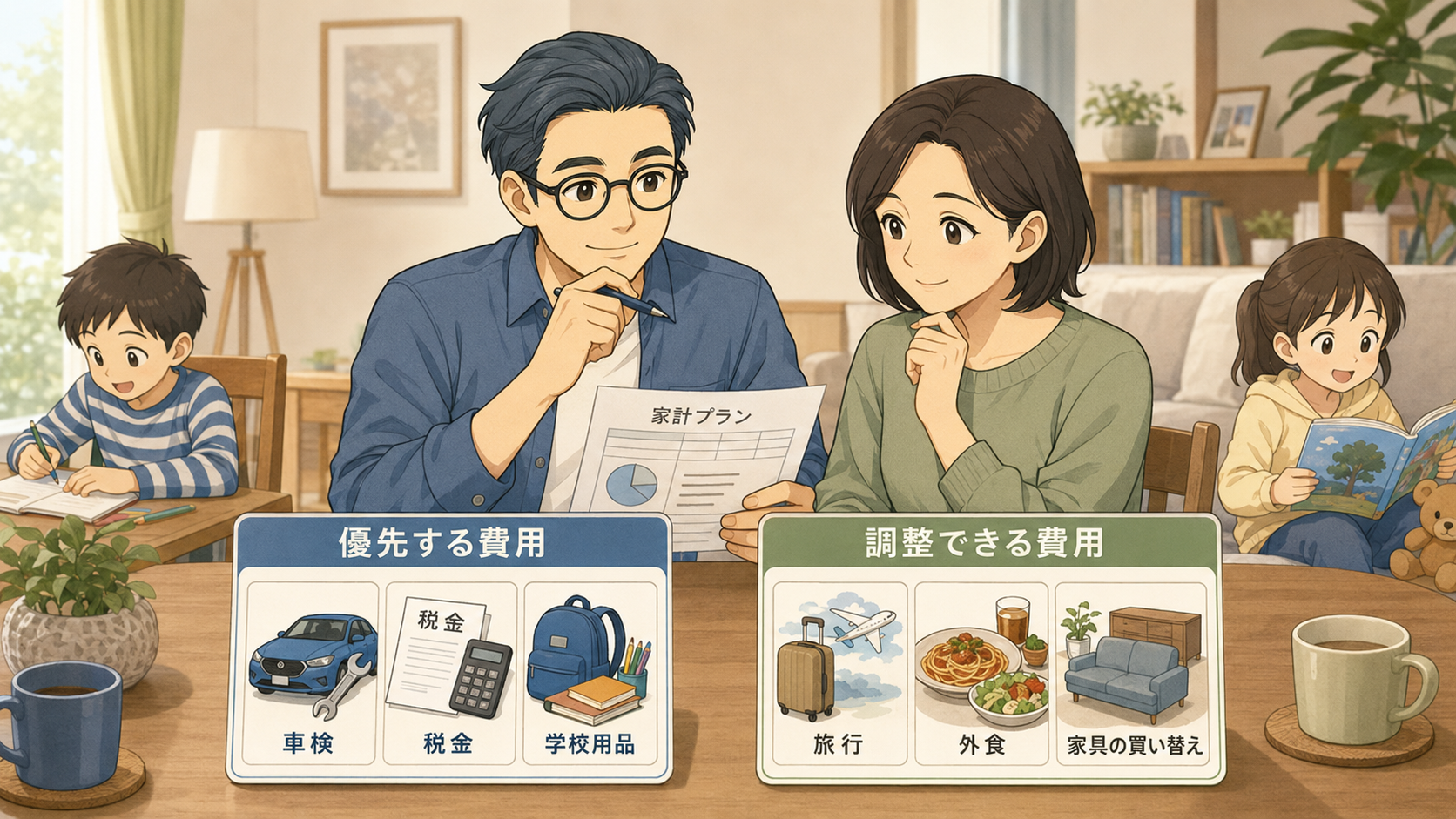 車検、税金、学校用品を優先費用にし、旅行、外食、家具を調整費用として家族で見直す様子