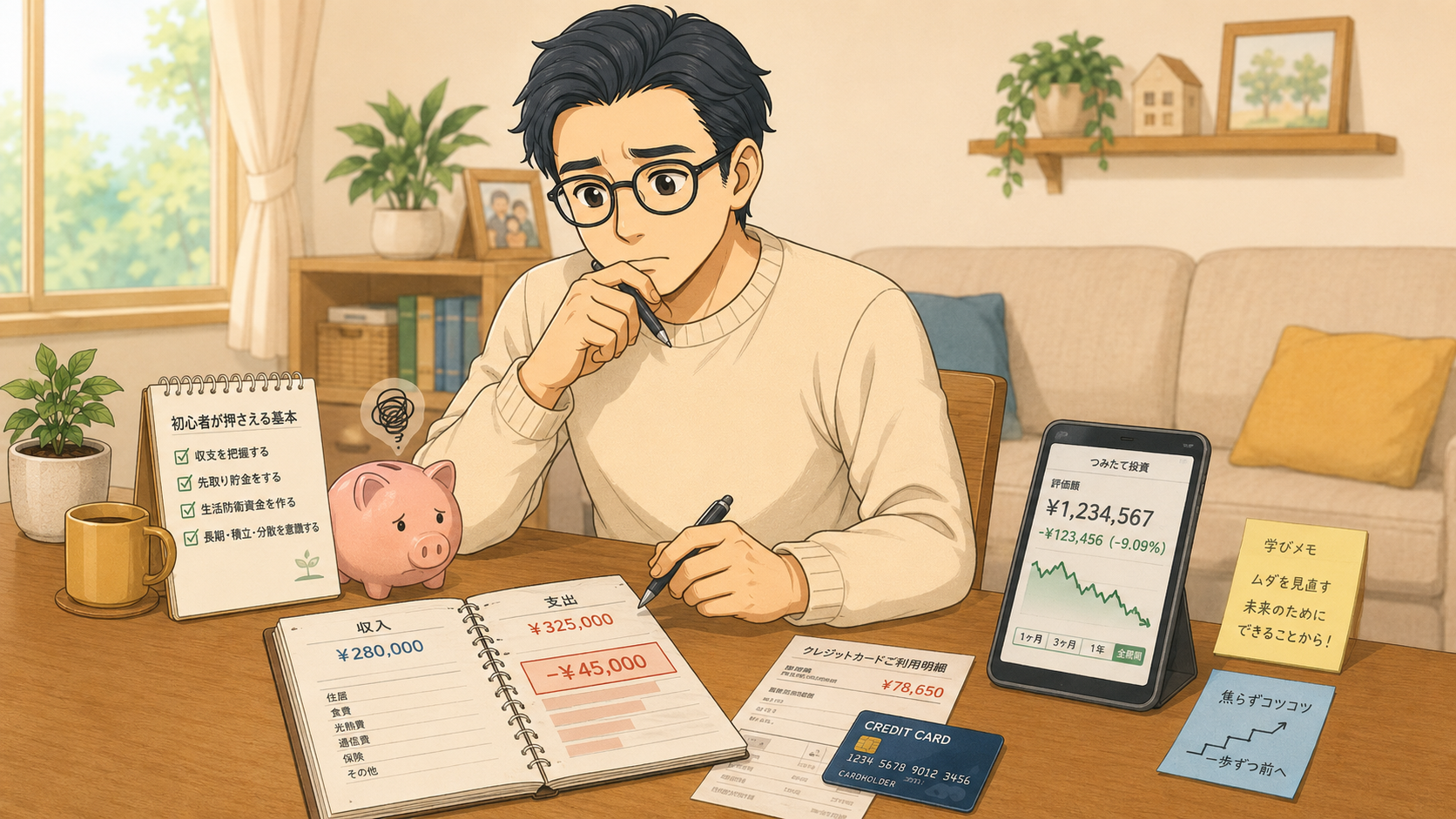 家計整理前に投資の値動きや赤字に不安を感じながら家計簿を確認する男性