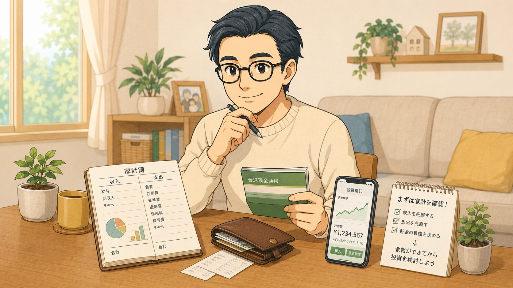 家計簿と通帳、投資アプリを確認しながら投資前の家計整理を進める男性