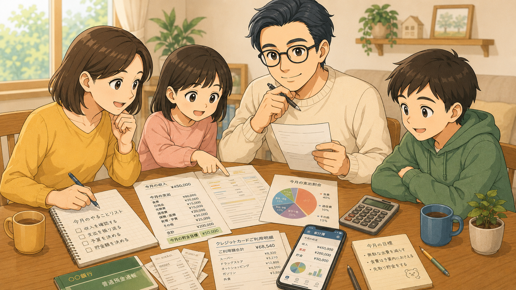 家族で家計簿や支出表を見ながら収入と支出を見える化している様子