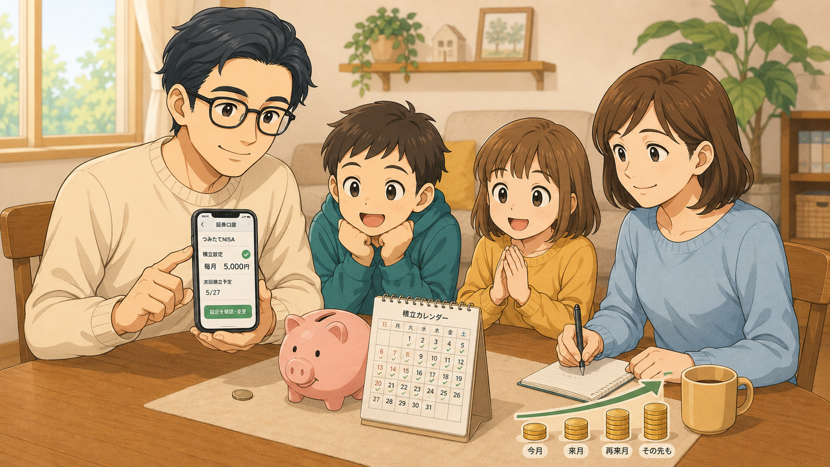 家族で証券口座の積立設定と積立カレンダーを確認している様子