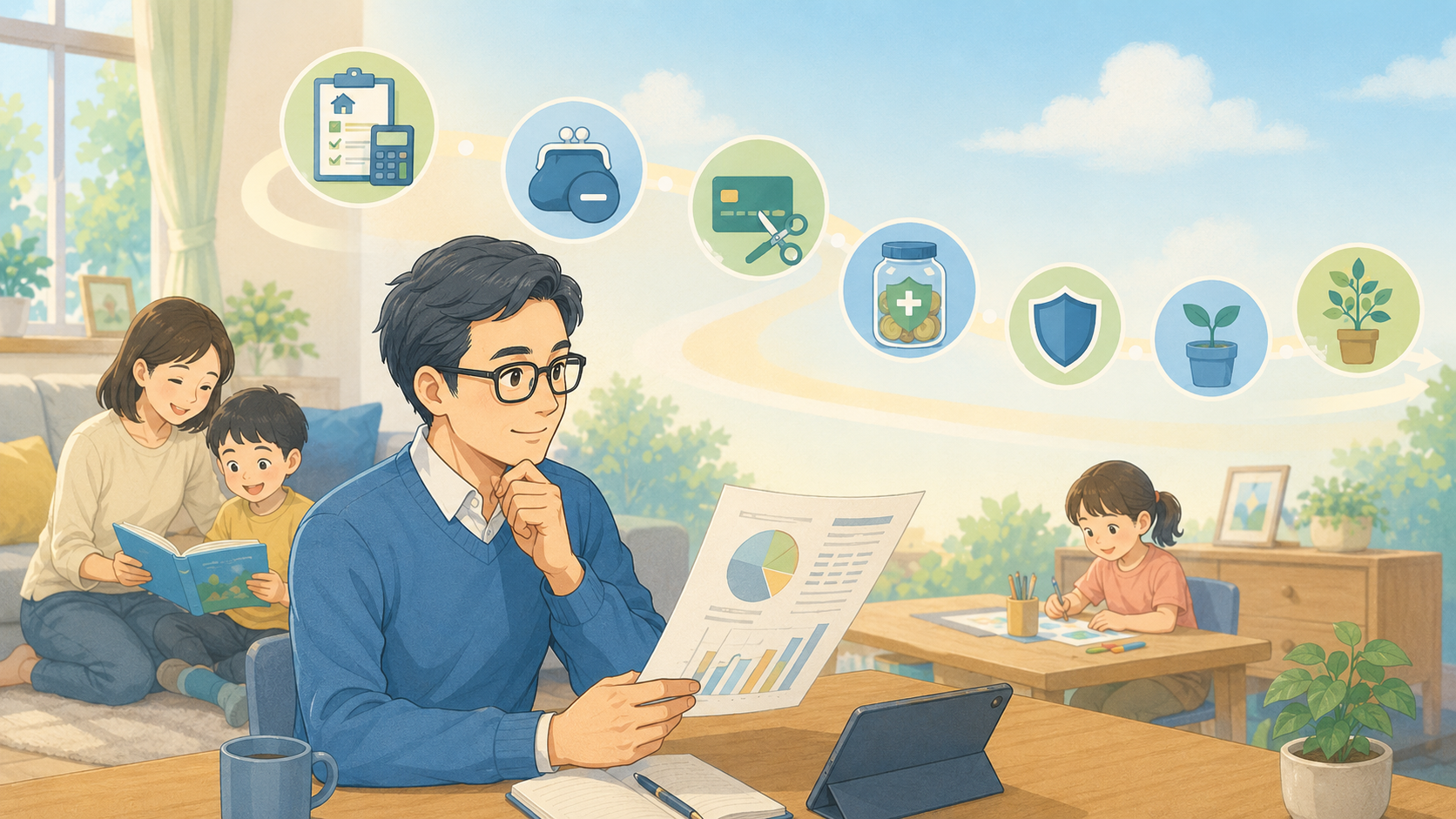 家族と暮らす男性が、家計管理、貯蓄、保険、投資の順番を考えるイメージ