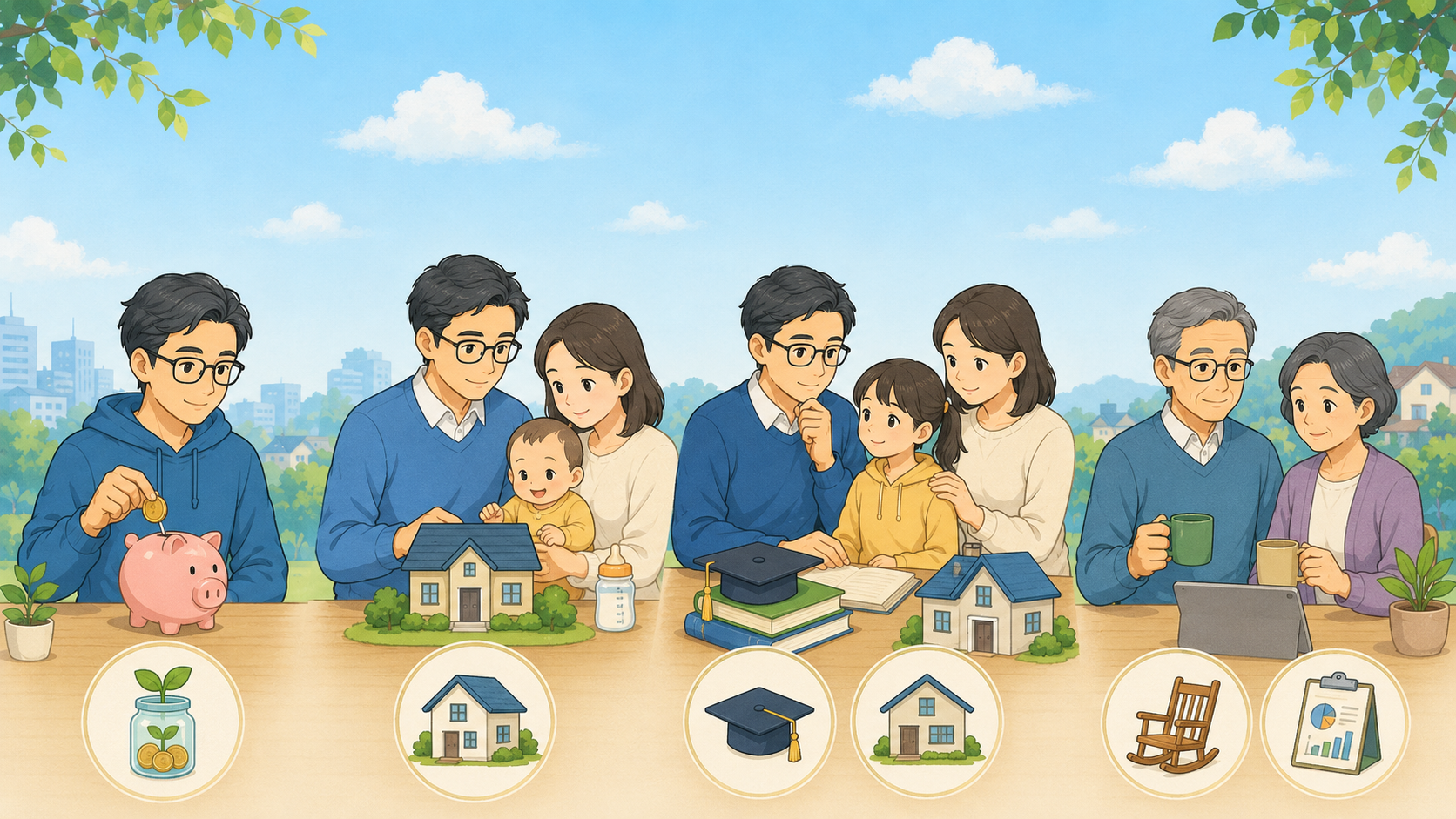 独身期、子育て期、教育費、老後などライフステージごとに資産形成を考える家族のイメージ
