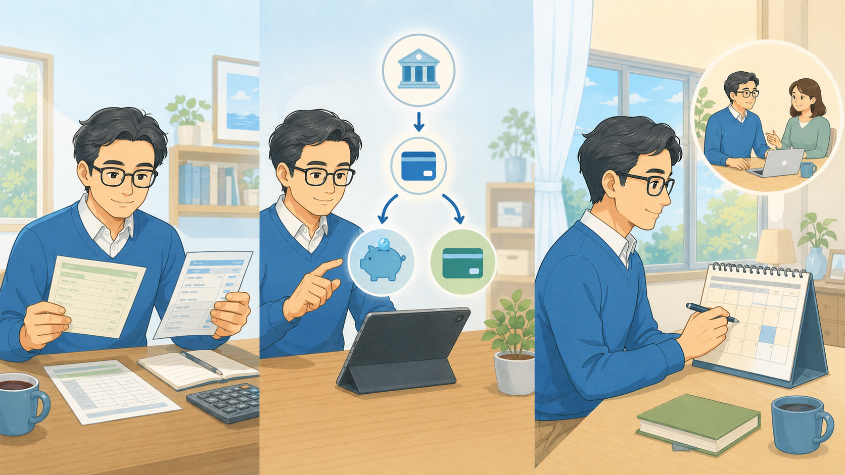 銀行口座とカード明細を確認し、家計を整えて実行日を決める男性のイメージ