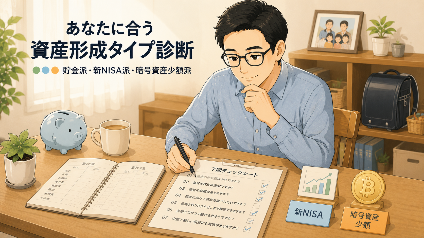 資産形成タイプ診断のチェックシートに取り組む男性