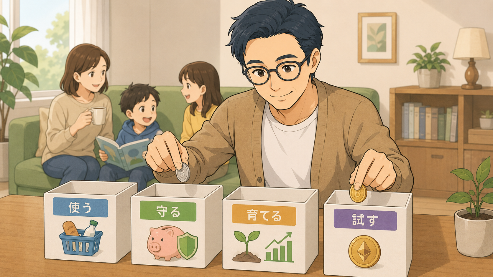 使う、守る、育てる、試すにお金を分ける家計管理のイメージ
