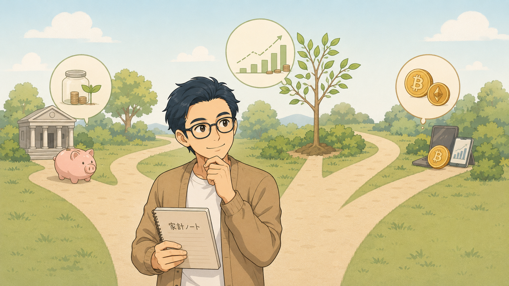 貯金、新NISA、暗号資産少額の選択肢を考える男性