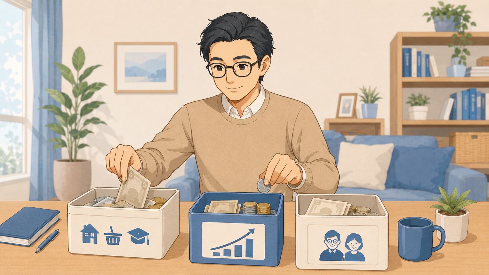 住居や教育費、長期投資、老後資金の目的別にお金を分けるイメージ
