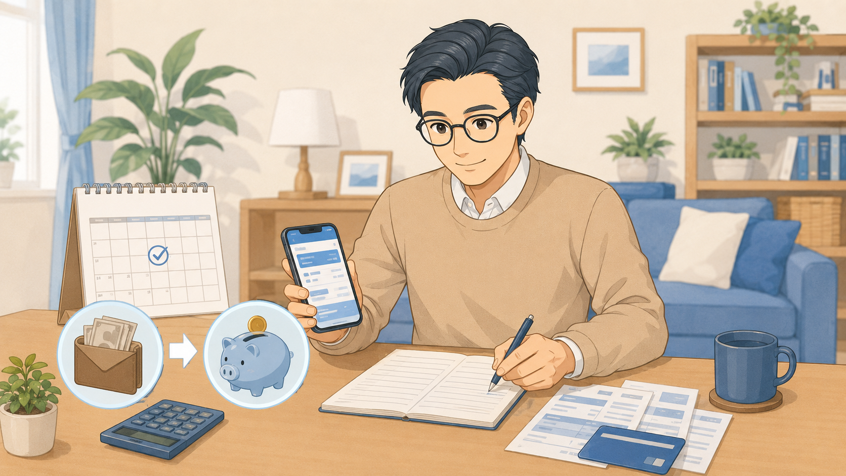 家計を確認し、貯金や返済を自動化するためにスマートフォンとノートで整理する様子