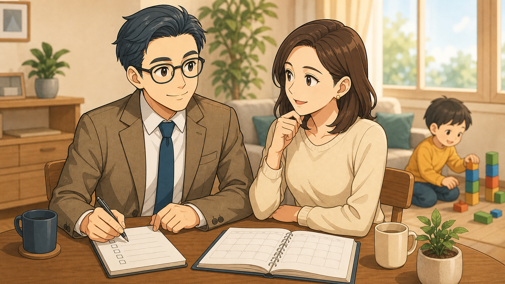 次のボーナスまでの家計計画を話し合うブロックチェーン父さん夫婦