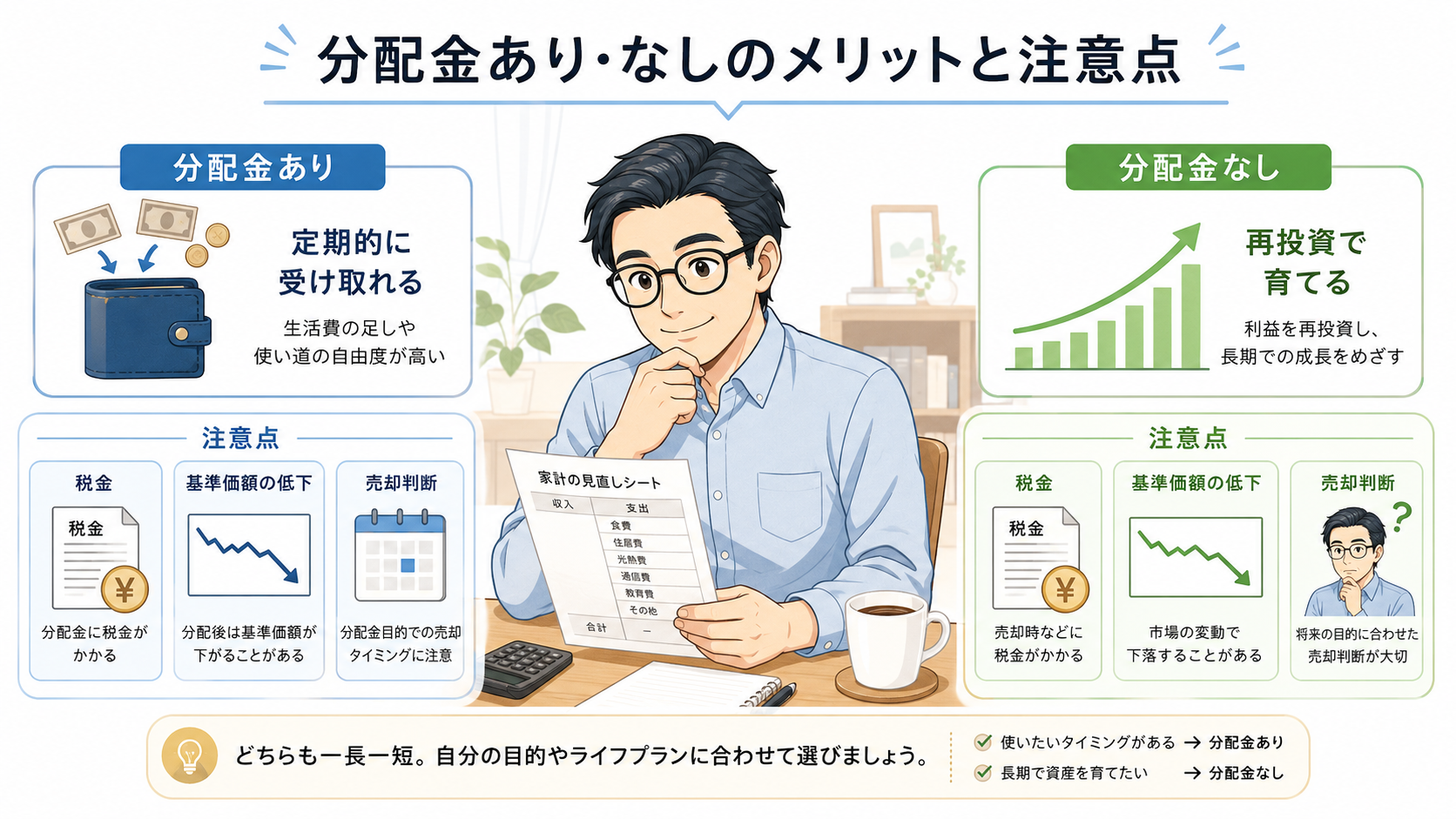 分配金ありと分配金なしのメリット、注意点を比較した図解