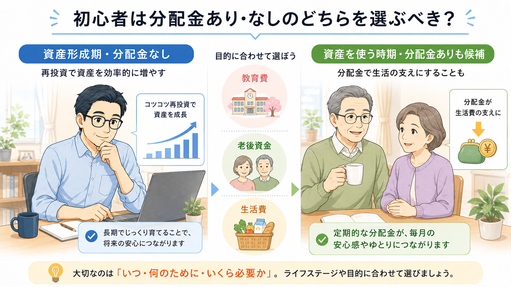 資産形成期と資産を使う時期に応じた分配金あり・なしの選び方を示す図解