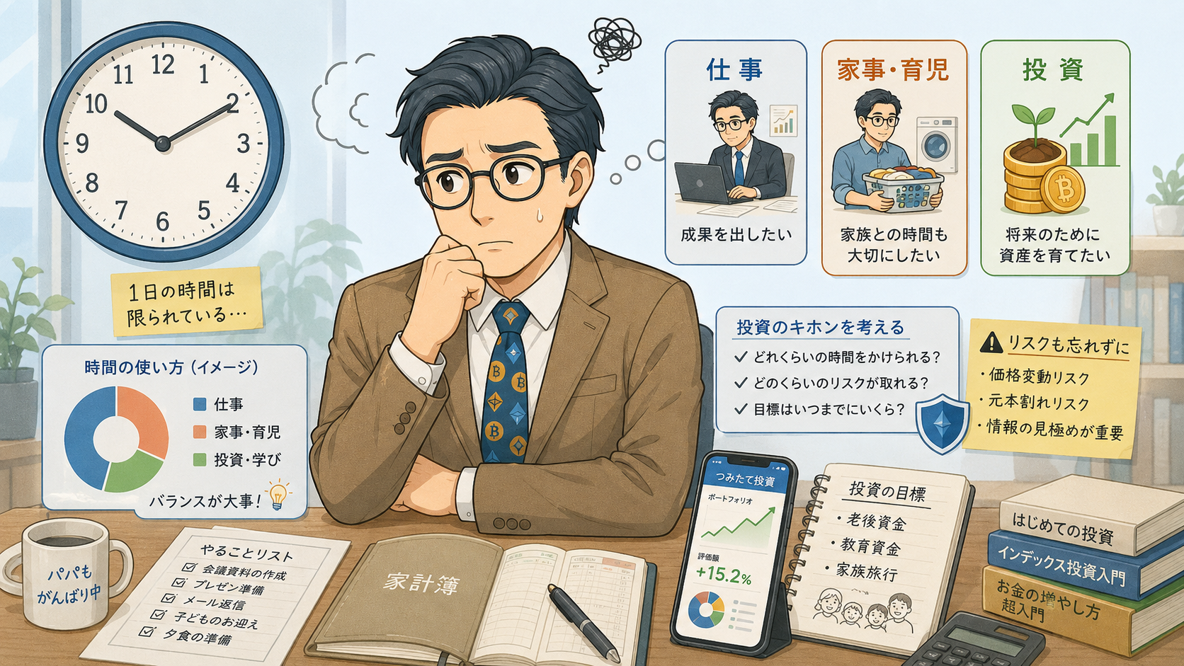 仕事や家事と投資を両立する会社員が時間とリスクを考える図解
