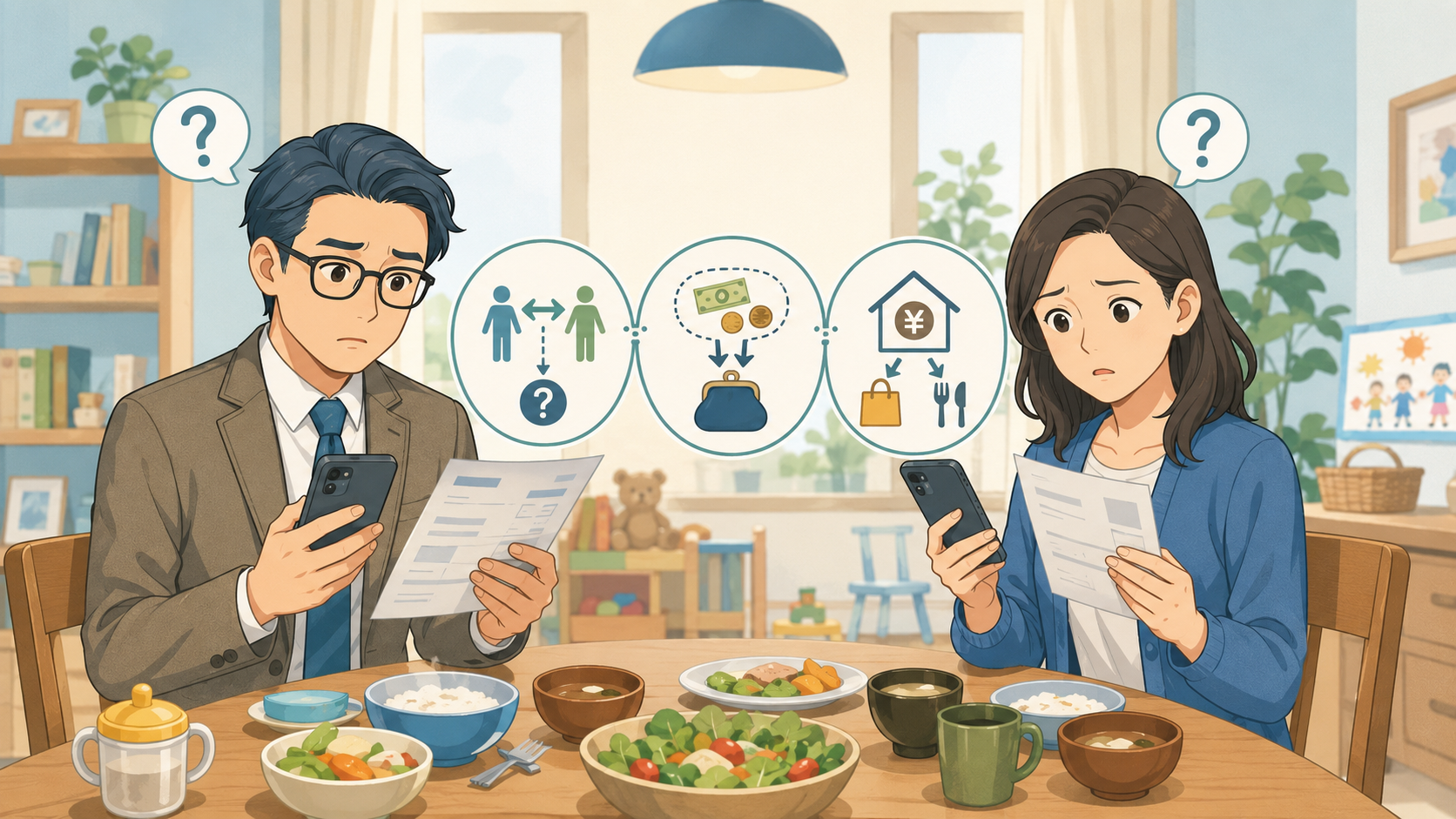 共働き夫婦が生活費や個人のお金の分け方に悩む様子
