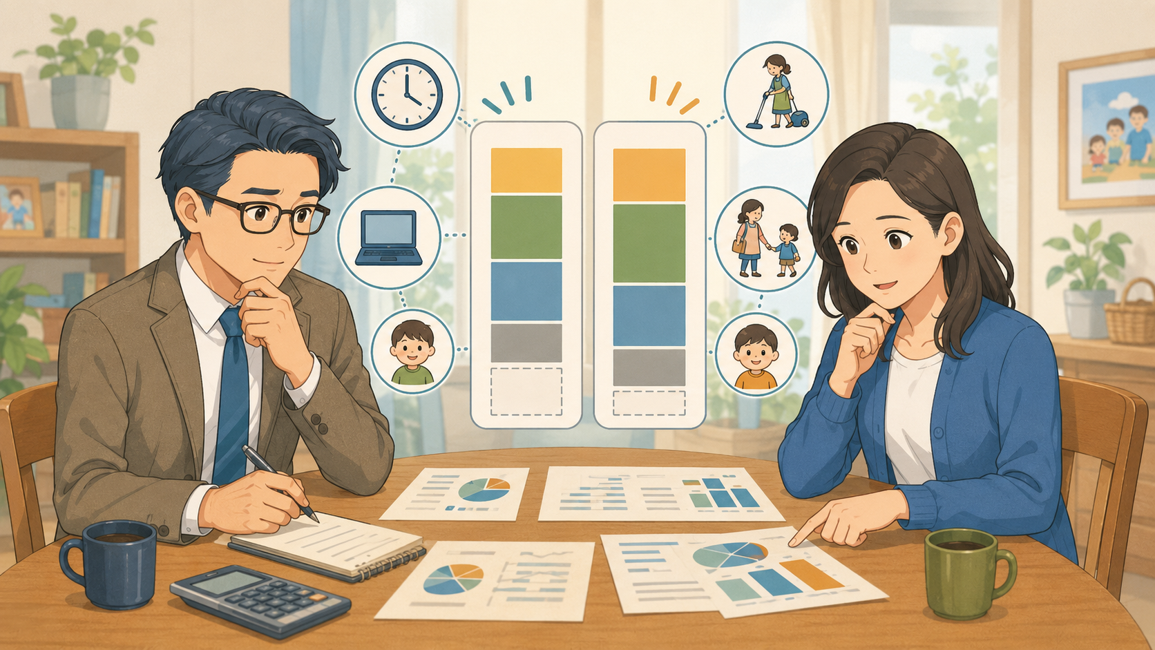 収入と家事育児の負担を考えながら生活費の割合を話し合う共働き夫婦