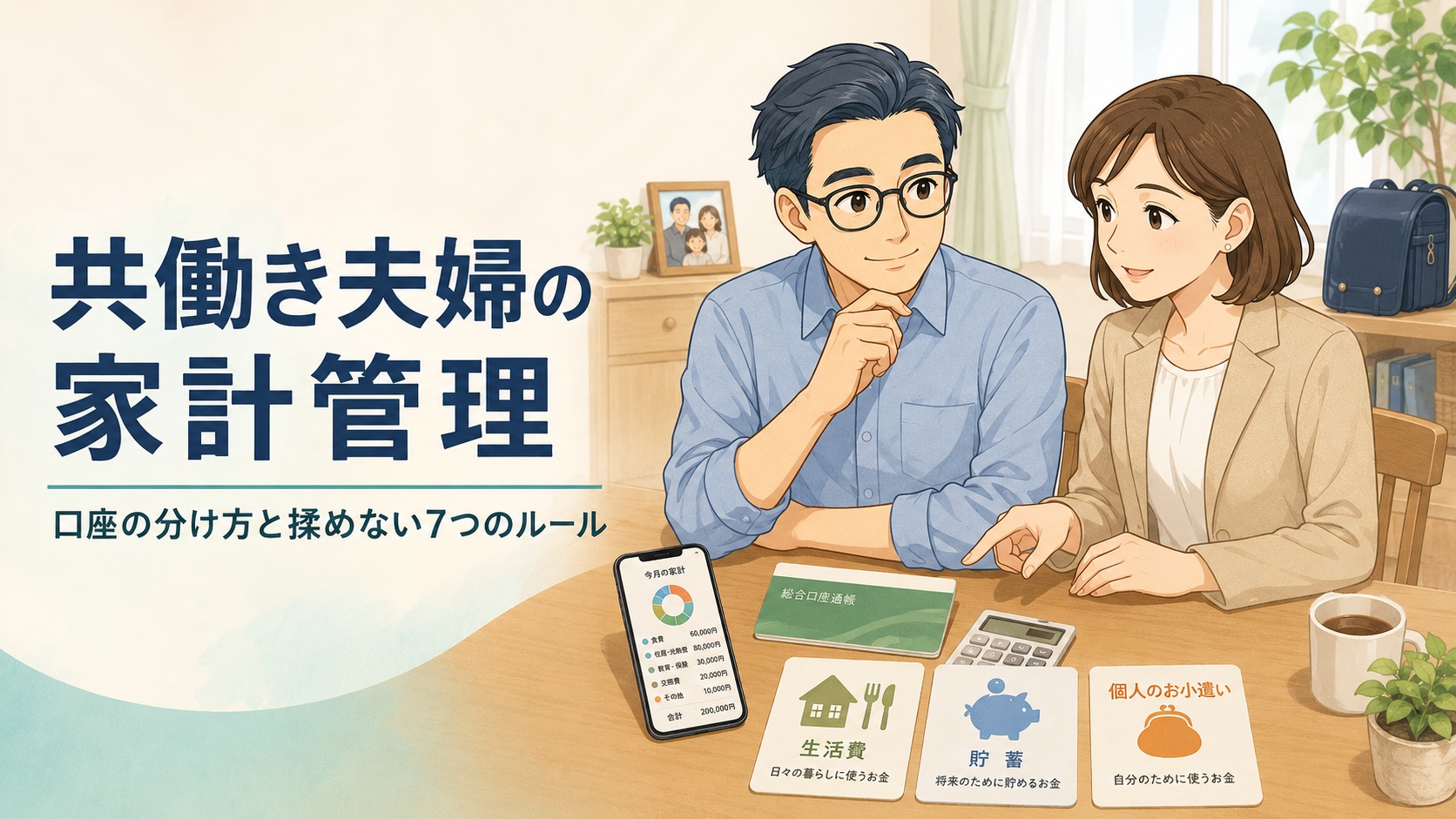 共働き夫婦が家計管理について相談し、生活費・貯蓄・個人のお小遣いの口座を分けているイラスト