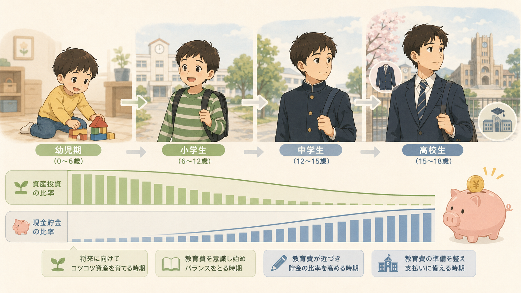 幼児期から高校生まで、教育費と新NISAの配分を年齢別に考えるイラスト