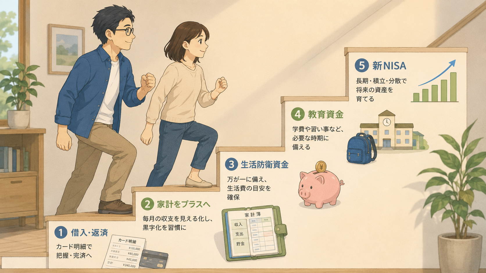 借入返済、家計黒字化、生活防衛資金、教育資金、新NISAの5段階を示すイラスト