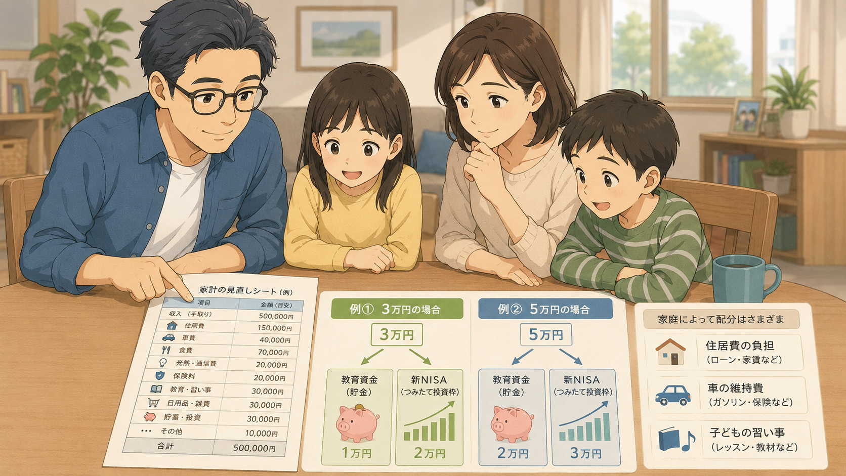 40代子育て世帯が毎月3万円・5万円を教育費と新NISAに振り分ける家計例のイラスト