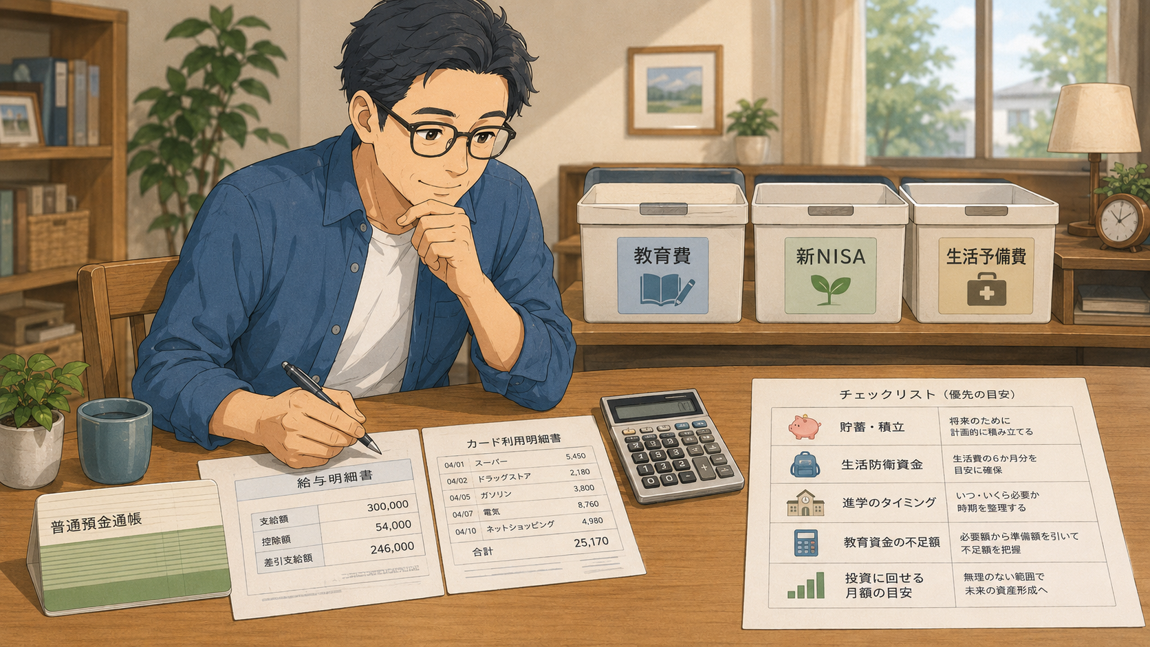 教育費、新NISA、生活予備費を3つに分けて確認する優先順位チェックリストのイラスト