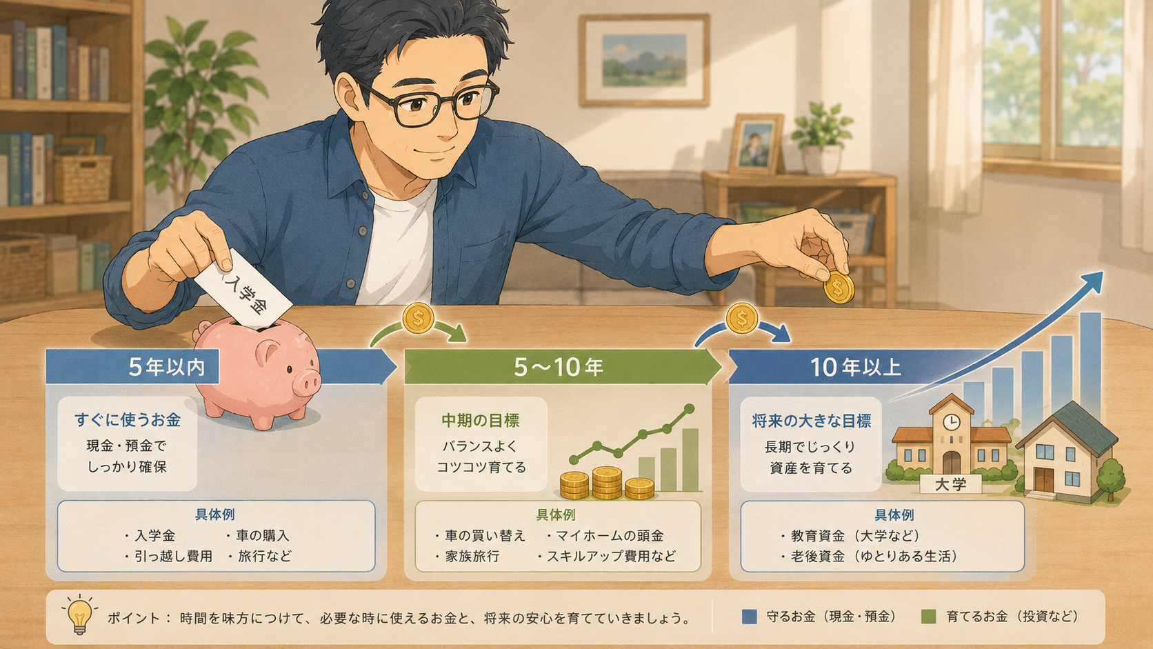 教育費と新NISAを5年以内・5〜10年・10年以上の使う時期で分けて考えるイラスト