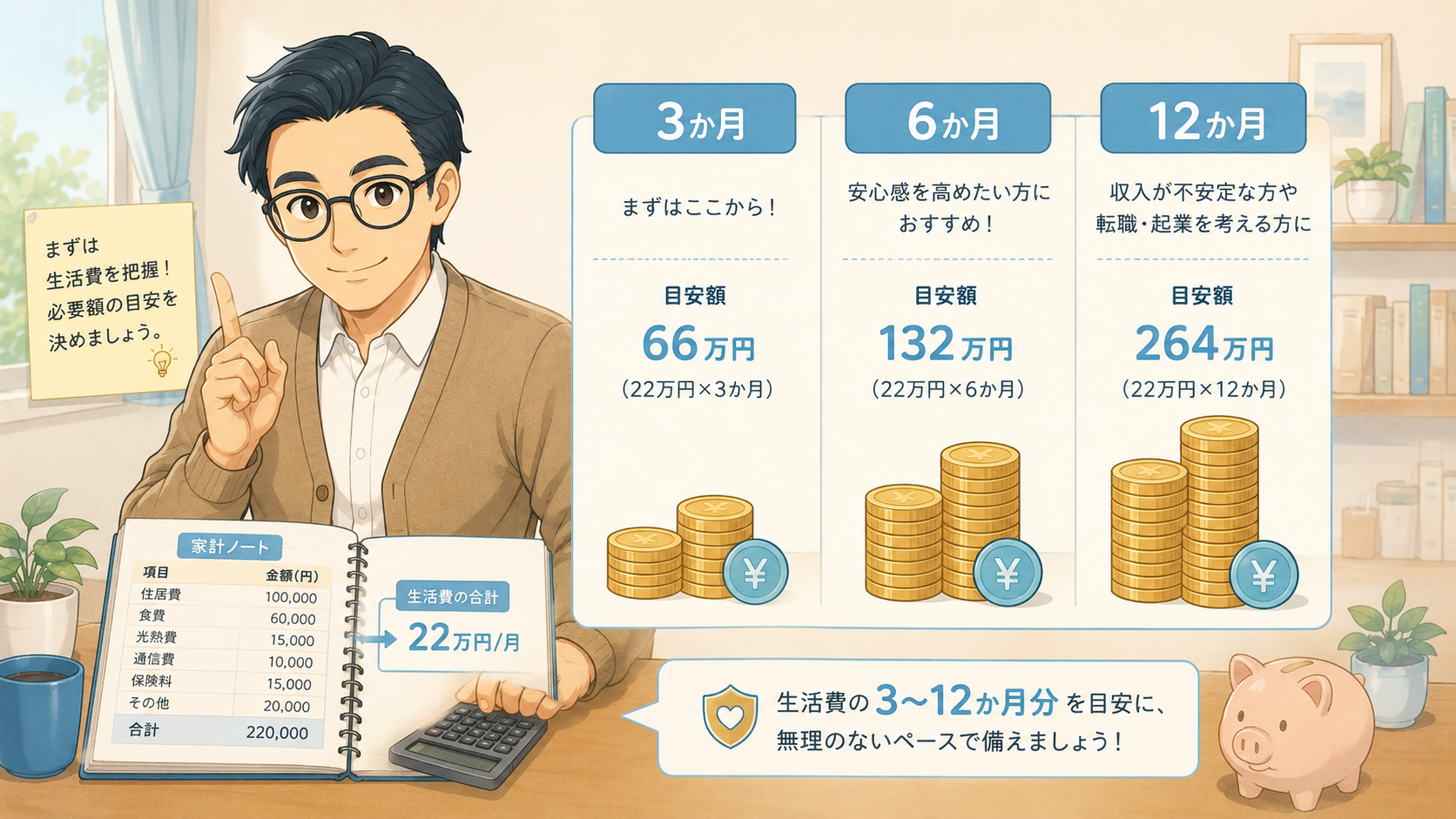 生活費22万円を例に3か月6か月12か月分の生活防衛資金を計算する図解