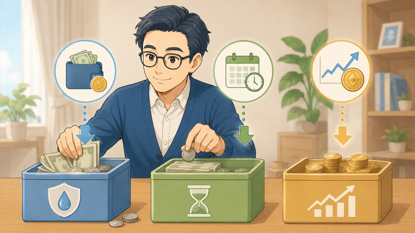 普通預金・定期預金・投資にお金を分けて管理するイメージ