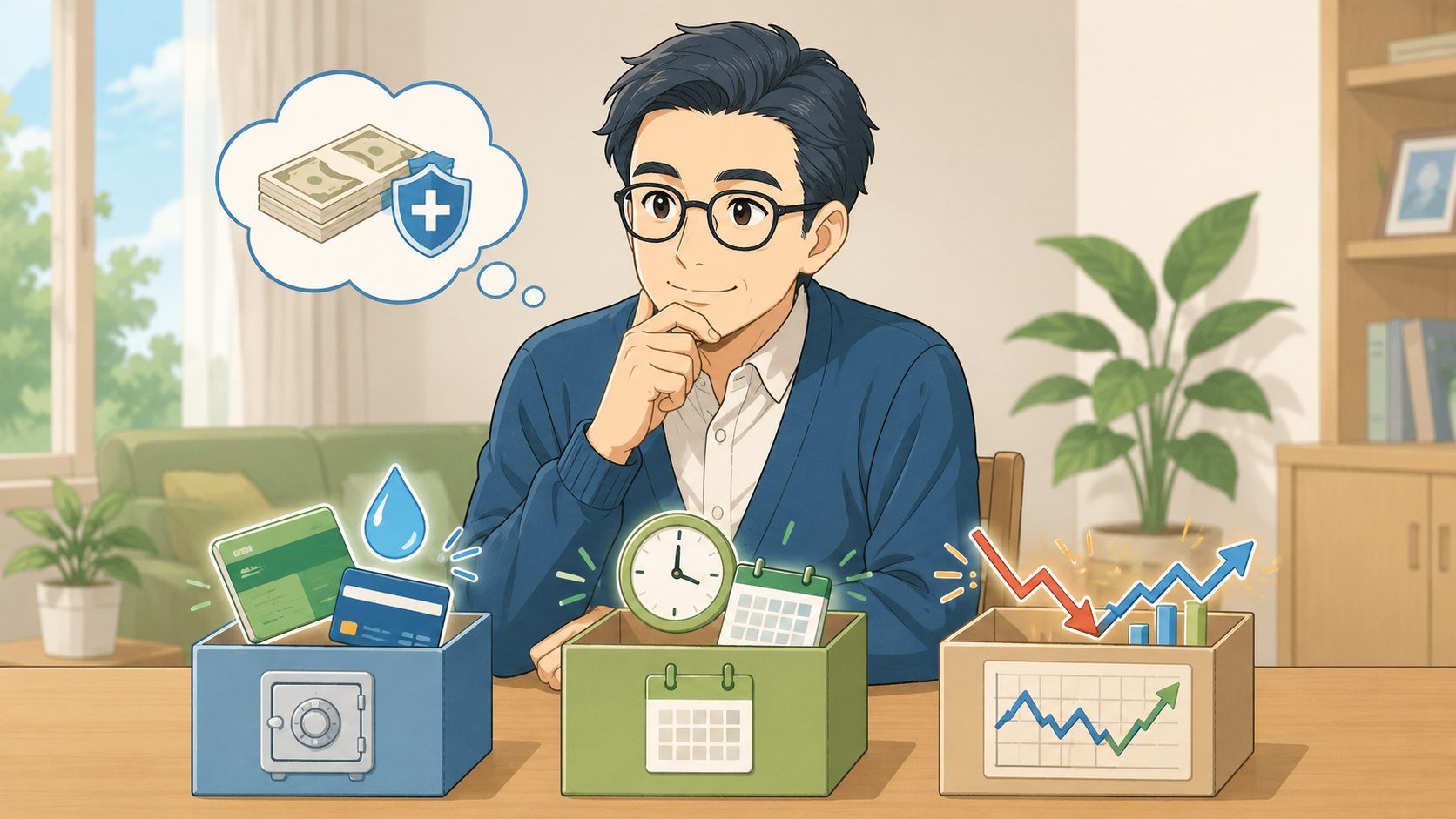 生活防衛資金と日常のお金と投資のお金を分けて考えるイメージ