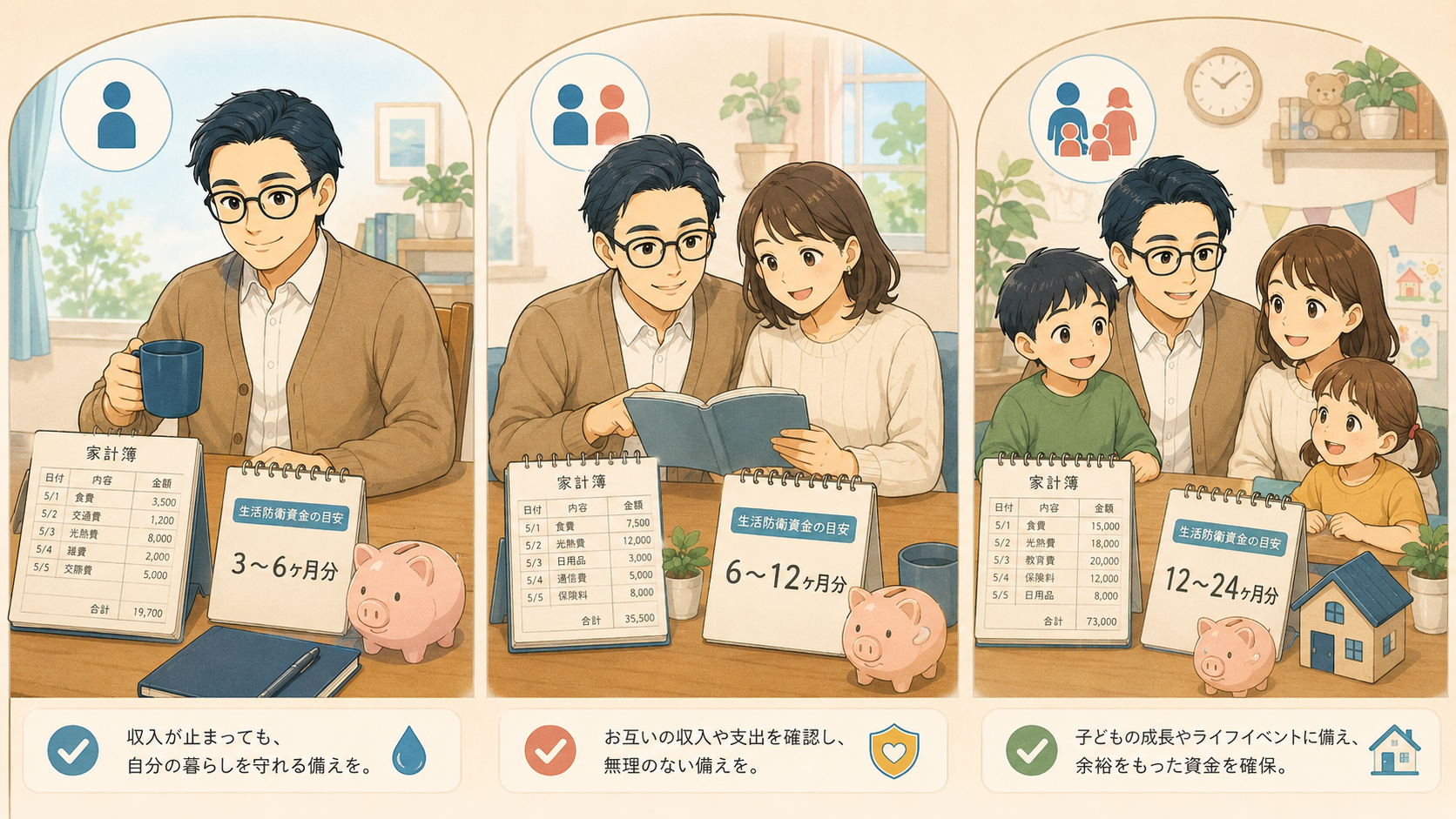 独身夫婦子育て世帯ごとの生活防衛資金の目安を示した図解