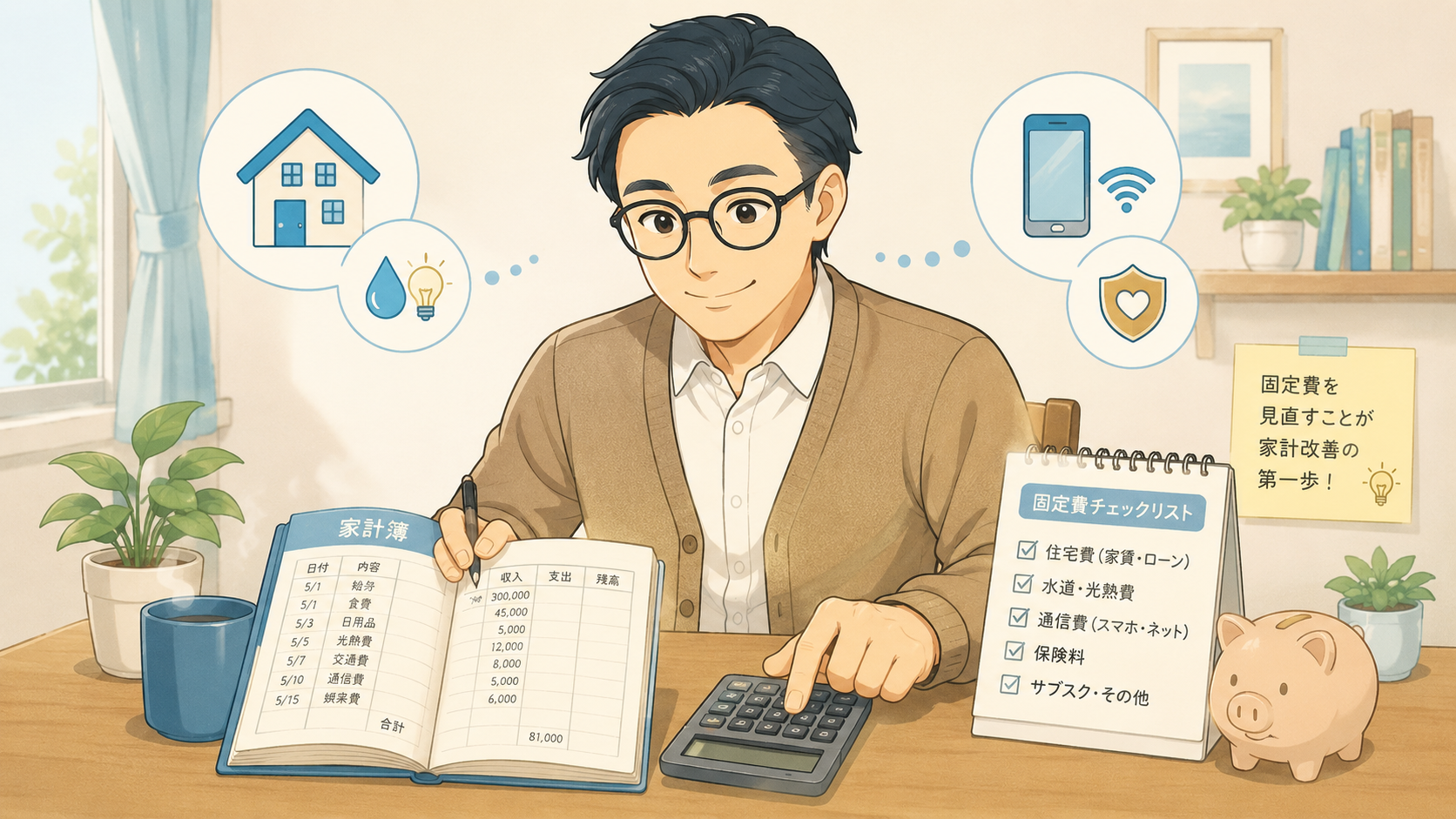 家計簿と固定費チェックリストで最低生活費を確認するイメージ