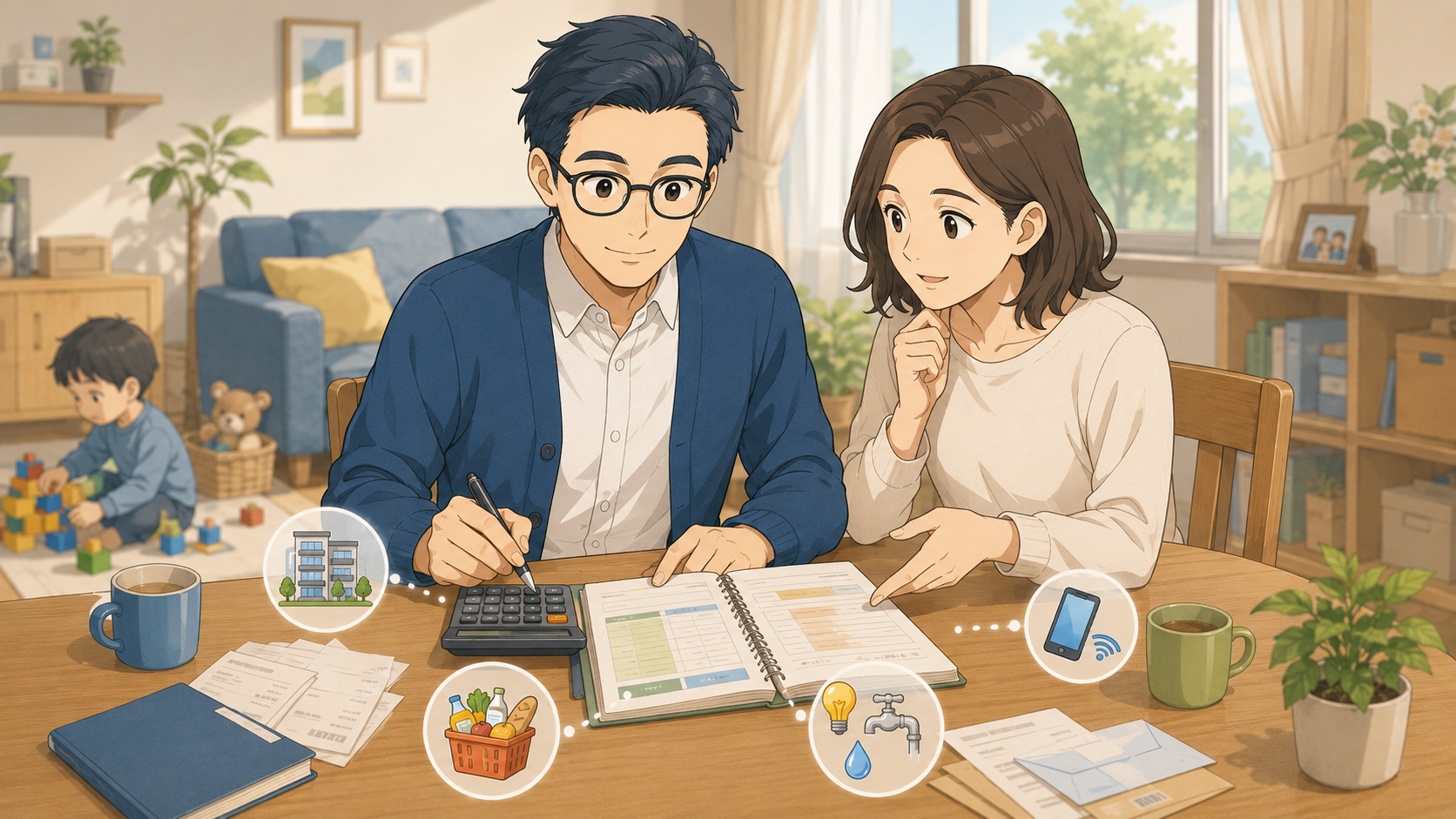夫婦で家計簿と電卓を見ながら生活防衛資金を計算するイメージ