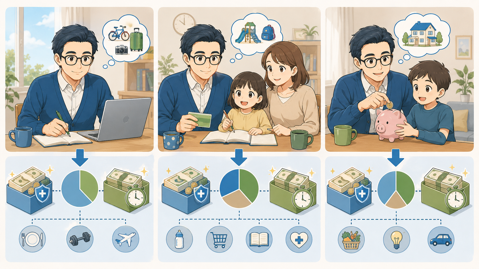 独身・子育て世帯・家族の生活防衛資金の配分例を示すイメージ
