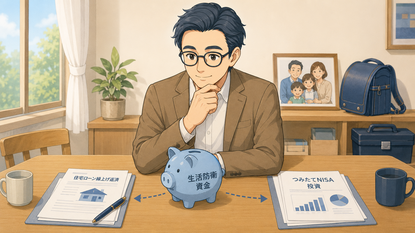 生活防衛資金を中心に住宅ローンの繰り上げ返済と新NISAを考えるイラスト