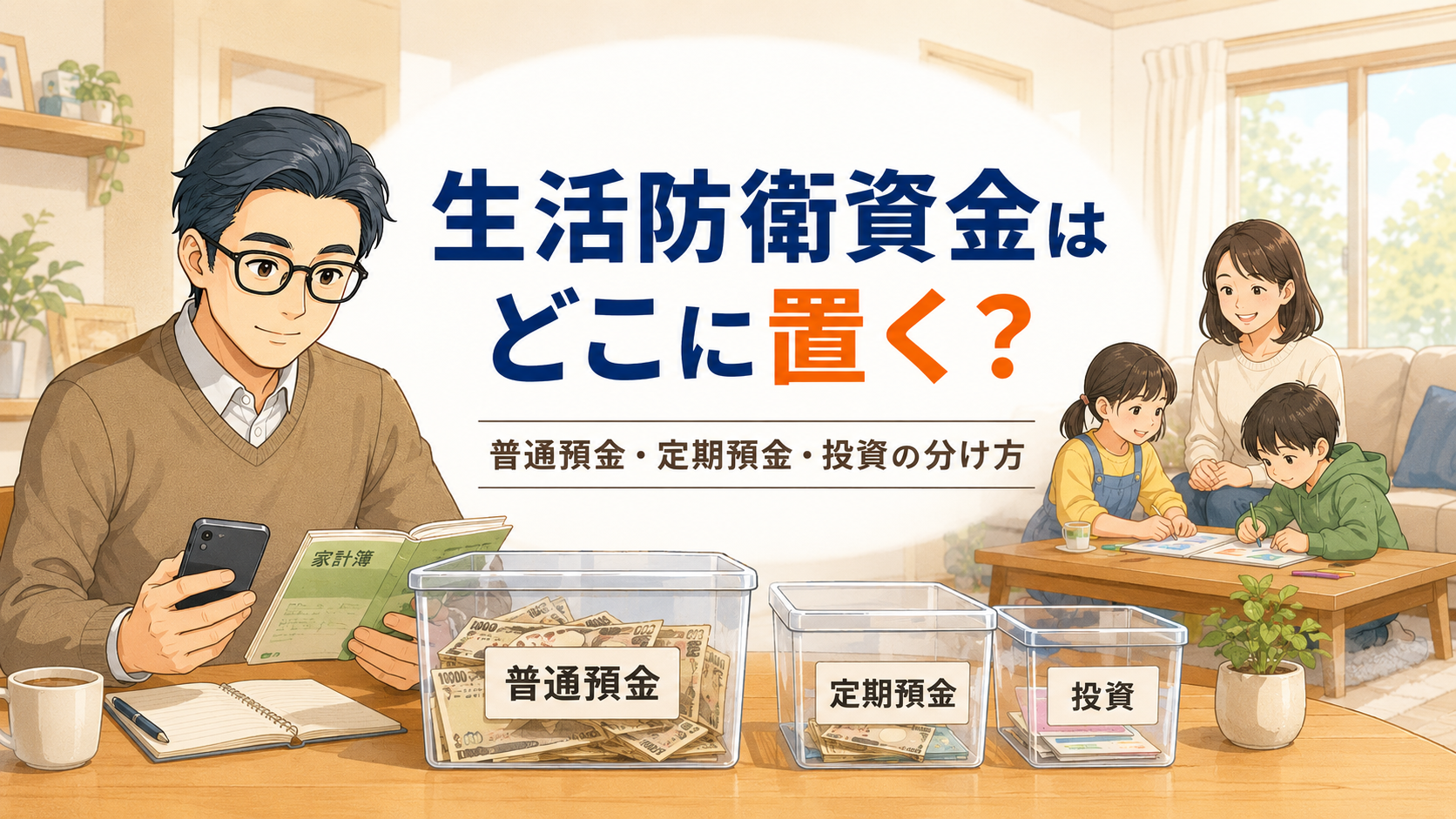 生活防衛資金を普通預金・定期預金・投資に分けて管理する家族のイメージ