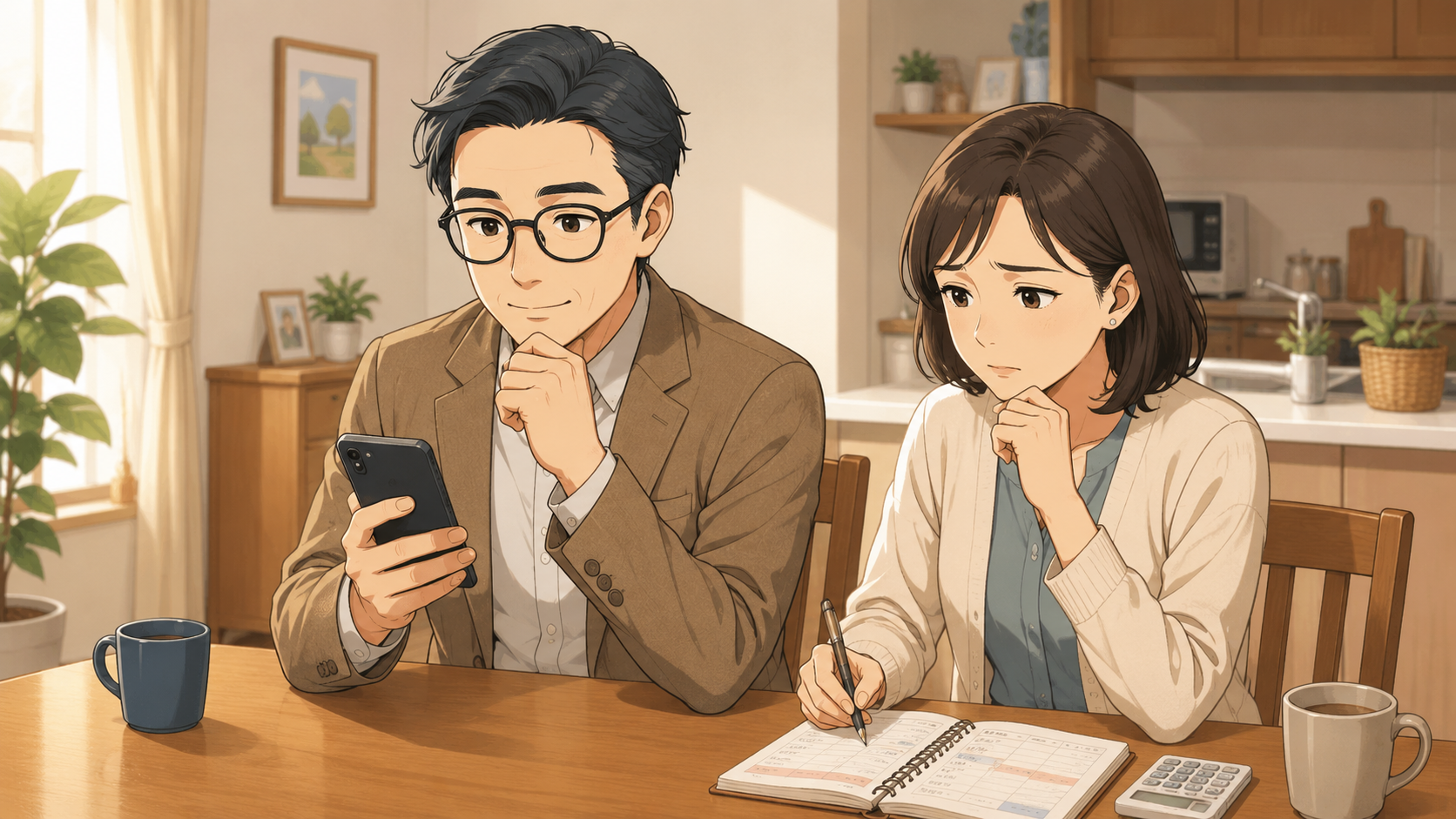 資産形成についてスマホと家計ノートを見ながら夫婦で不安を確認しているイラスト
